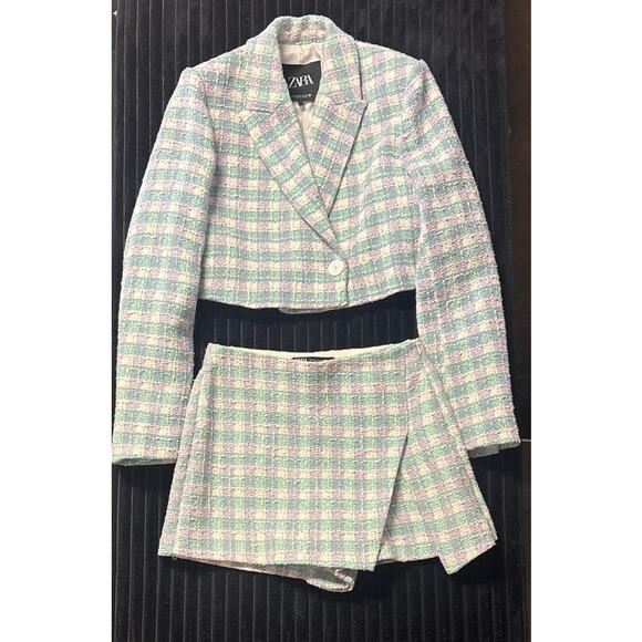 Zara Women’s Tweed Plaid Bouclé Jacket & Skort Set XS Teal Purple White - Picture 1 of 5